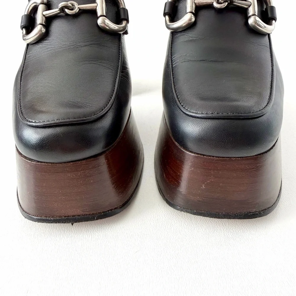 GUCCI | Black Leather Horsebit Platform Loafers Block Heel EU 37.5‎